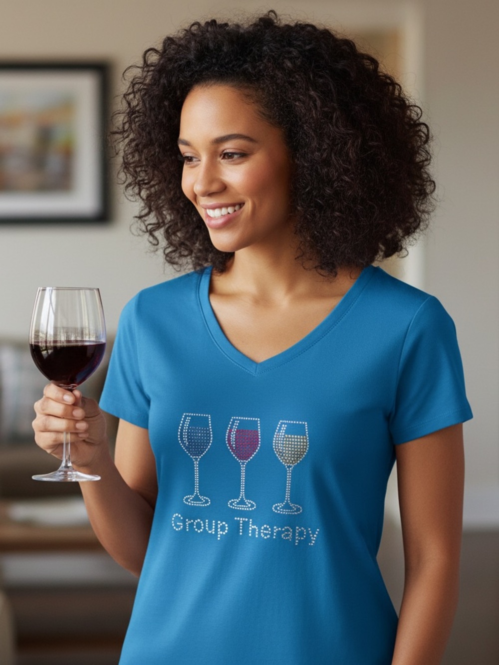 New Reserved Top T-Shirt "Group Therapy" Wine Glasses Sparkle Blue sz XL (L)